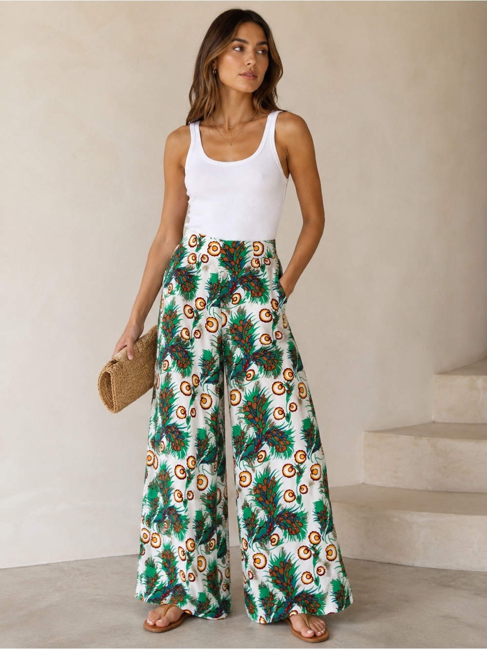 Maje White Wide-Leg Palm Print Palazzo Pants with Green & Brown Accents